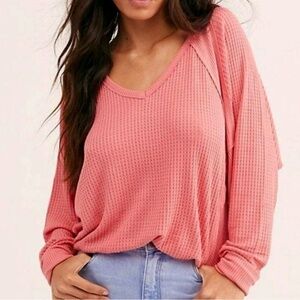 Free People Coral Pink Waffle Knit V Neck Dolman Long Sleeve Tee